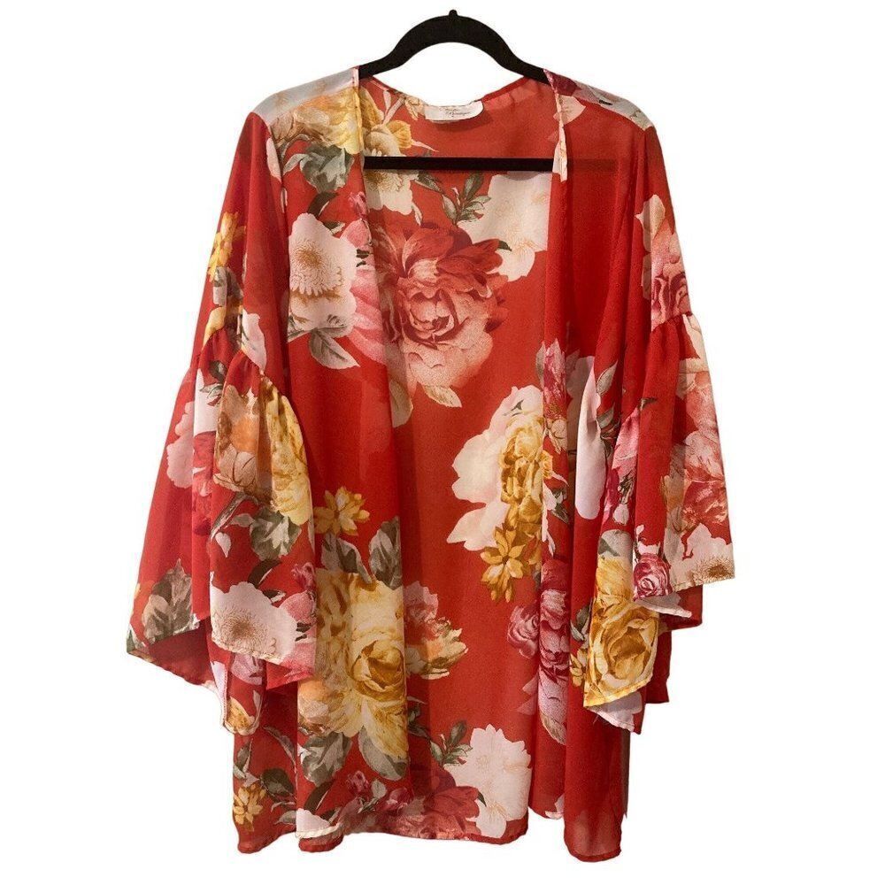 Women's Cheekie Boutique Duster Topper Kimono Red Floral Trumpet Sleeve S/M USA